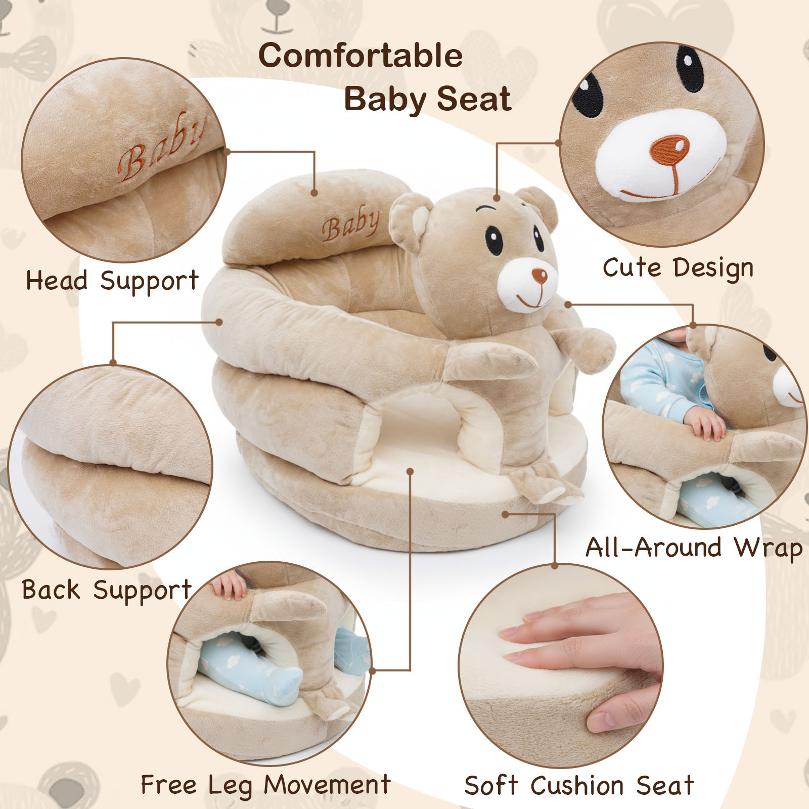 Plush Elephant Baby Support Seat - Ultra-Soft Cushioned Infant Lounger with Grey & White Elephant Design, Tummy Time Bed for & Toddlers, Non-Toxic Soft Fabric, Ideal Gift for Christmas, Birthdays, (No Assembly Required