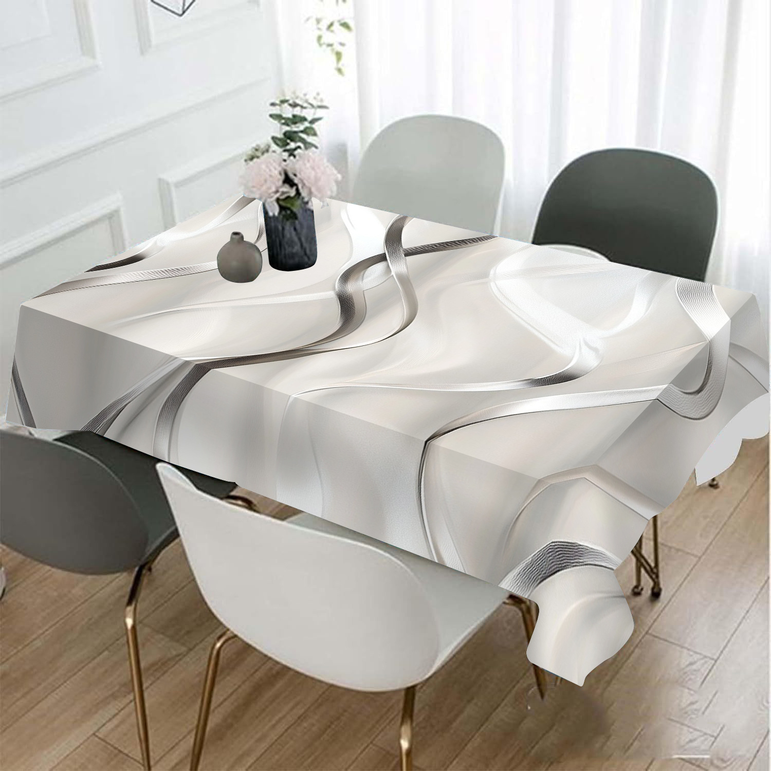 

Elegant White Fluid Line Tablecloth - Polyester, Rectangular, Home Parties & Dining Decor