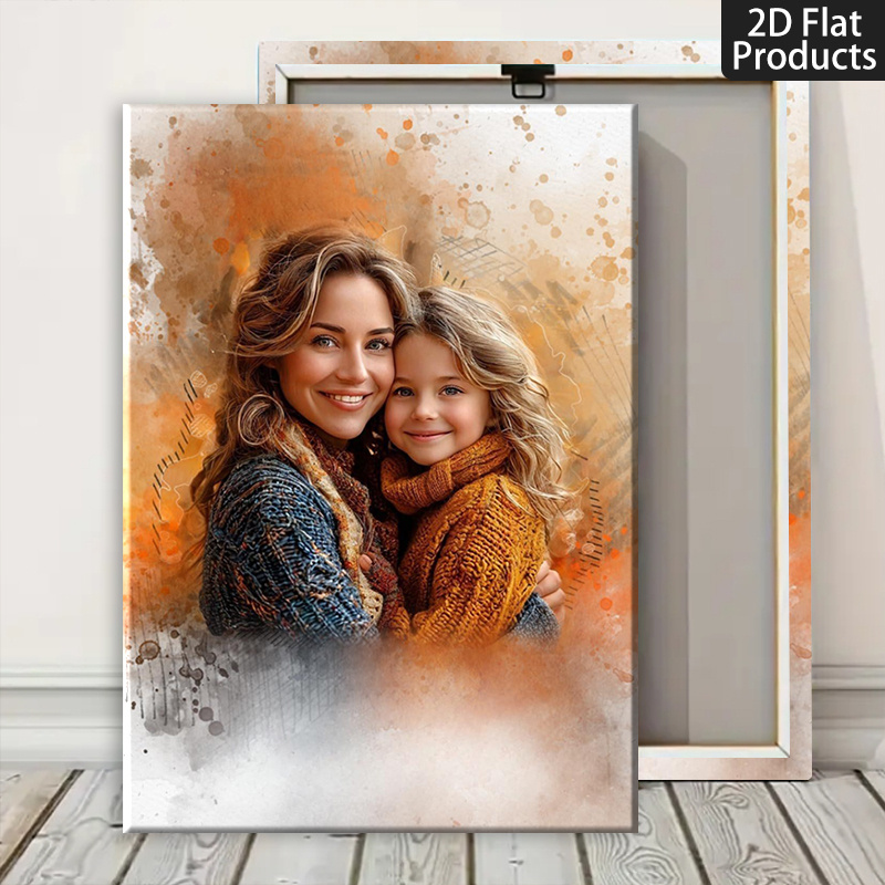 TEMU Affiche sur toile 2D plate, 2D plate, 2D plate avec cadre en bois - Portraits de famille personnalisés, mère et œuvre d'art, effet aquarelle ,