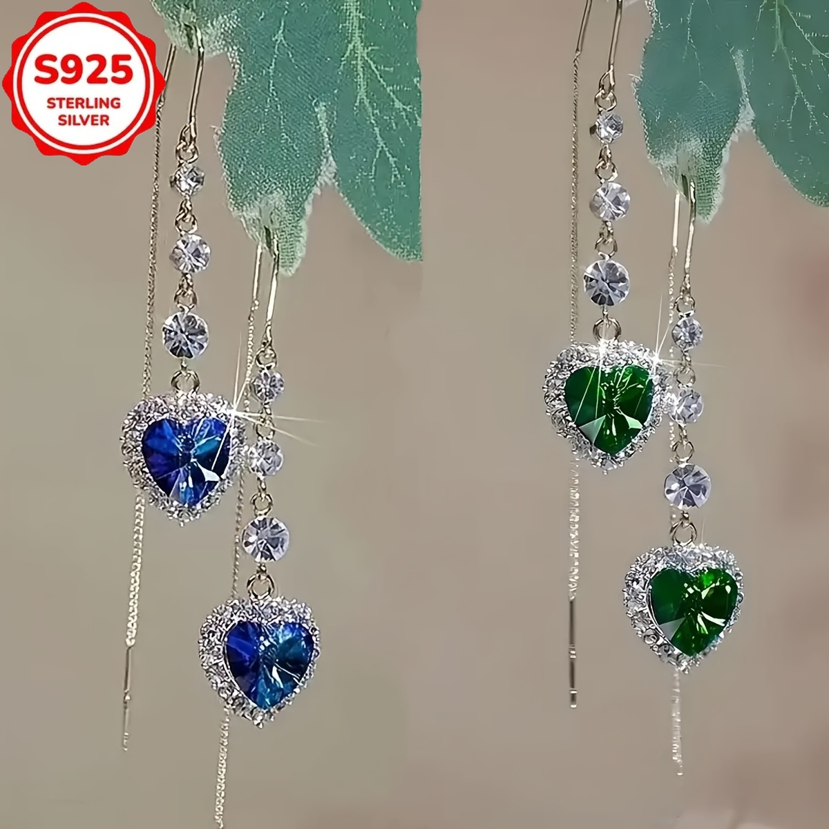 TEMU 2 Paires de Boucles d'Oreilles Pendentif à Gland en Cristal Artificiel Bleu/Vert de Cœur Argent S925 de Luxe Léger, Décorations Étincelantes,