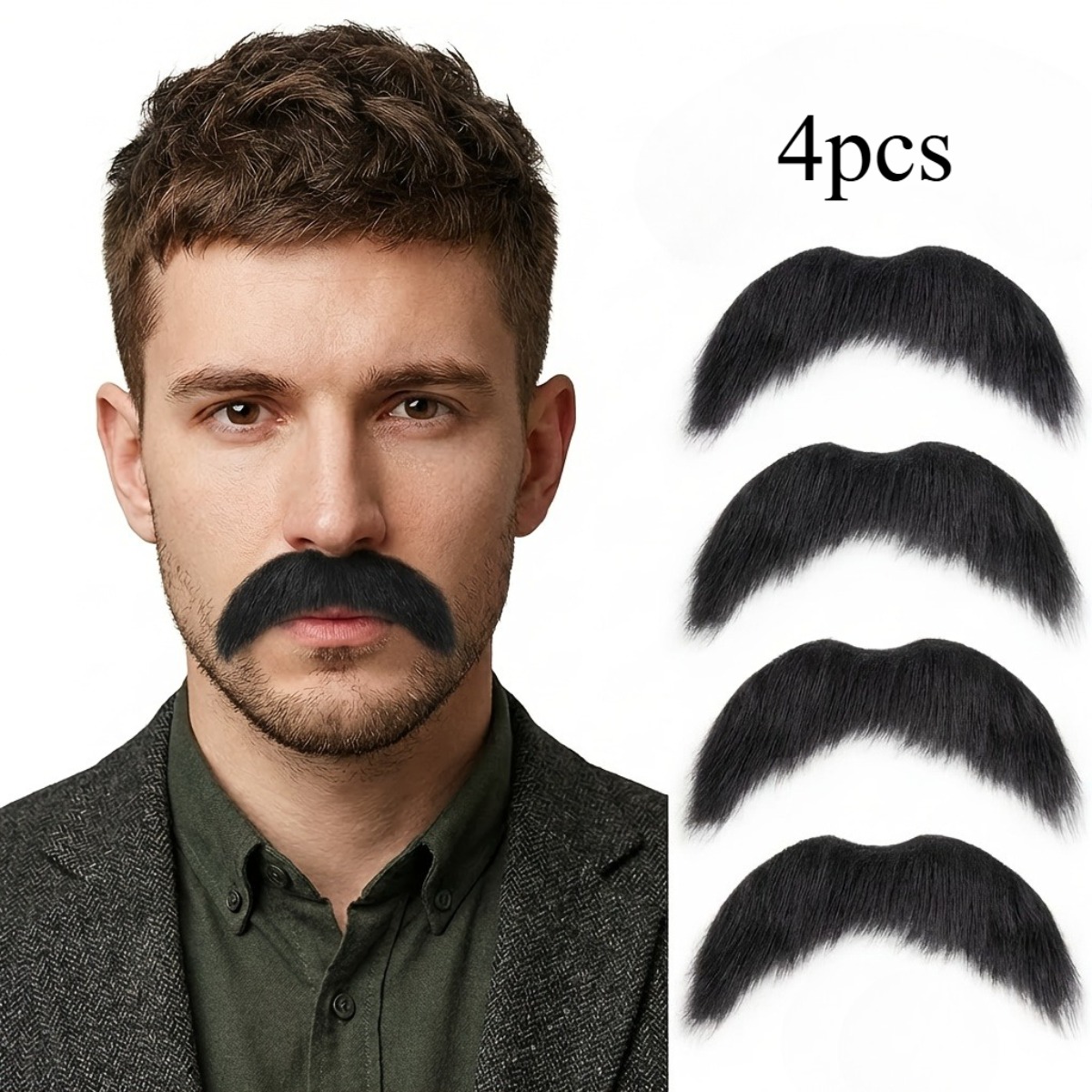 TEMU 4pcs Classic Halloween Self-adhesive Fake Beards For Men | Black, Cool And Style, Suitable For Fun Character Costumes, Christmas Gift