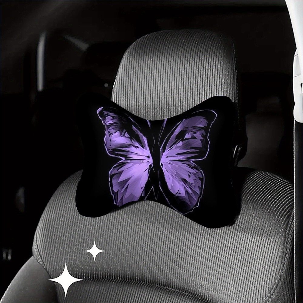 TEMU 1pc -tête de voiture avec imprimé papillon violet, oreiller cervical et coussin de soutien lombaire, doux et moelleux, utilisation toutes