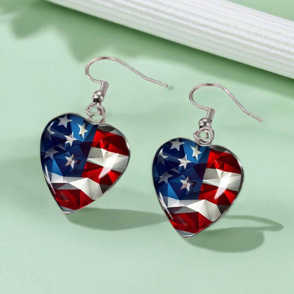 TEMU 1 Pair Unique Abstract Geometric "american Flag Multi- Heart-shaped Glass Convex Top Pendant Earrings Necklace - Patriotic Style Jewelry",