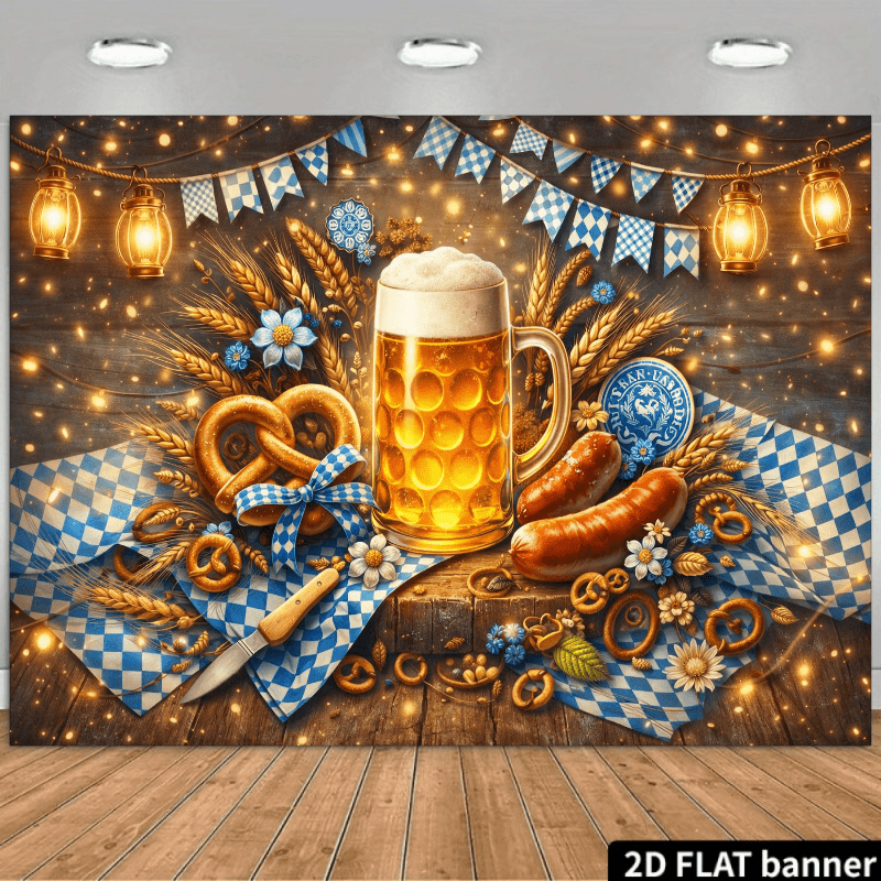 TEMU 2d Flat, Oktoberfest Backdrop Suitable For Parties & Photo - Giant Beer Mug, Pretzel & Tablecloth Decor With Hanging Lanterns & Twinkling Lights