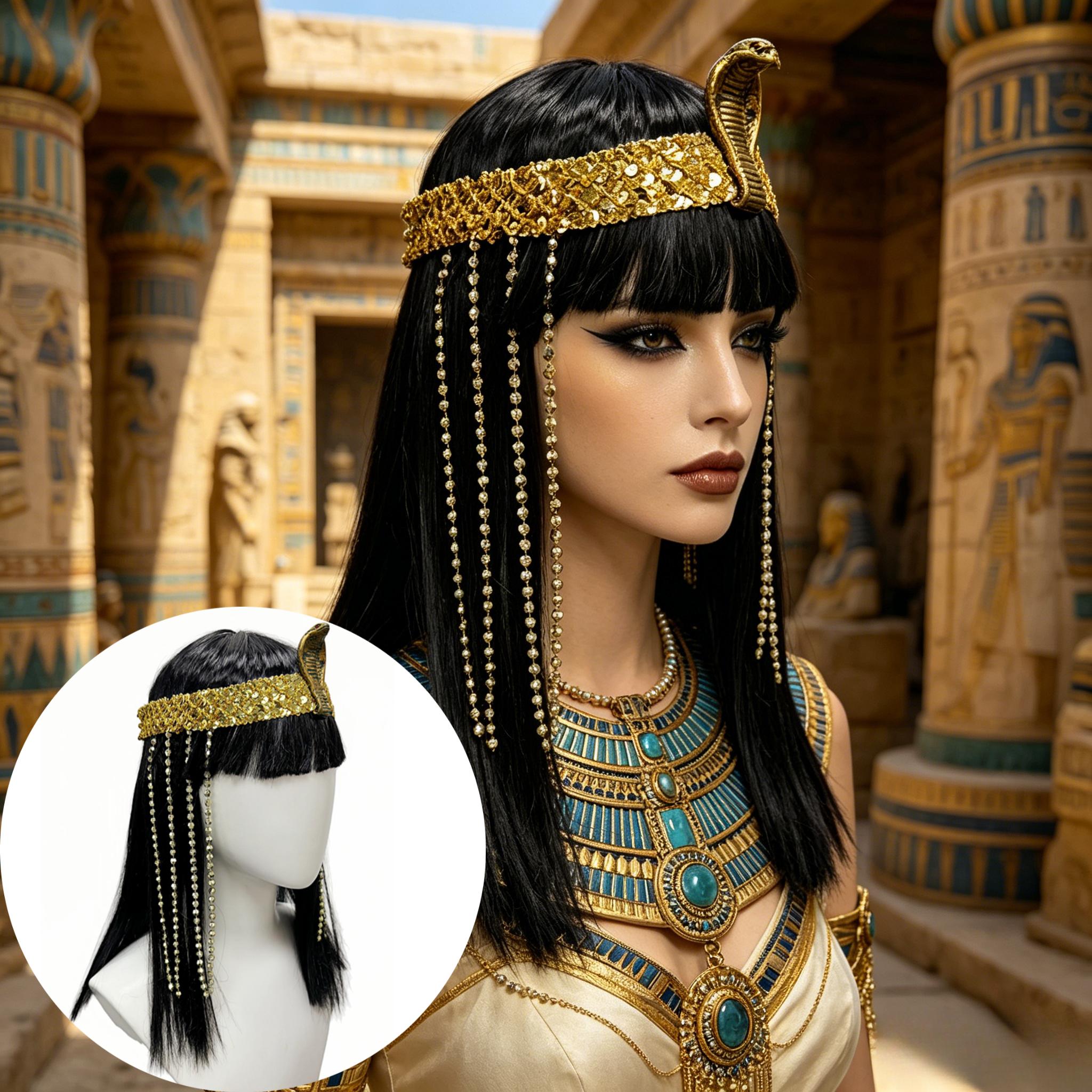 TEMU Peluca y AOIFE de temática con gorro adornado con serpientes - Cabello liso para Halloween, fiestas de disfraces vintage, postizo sintético