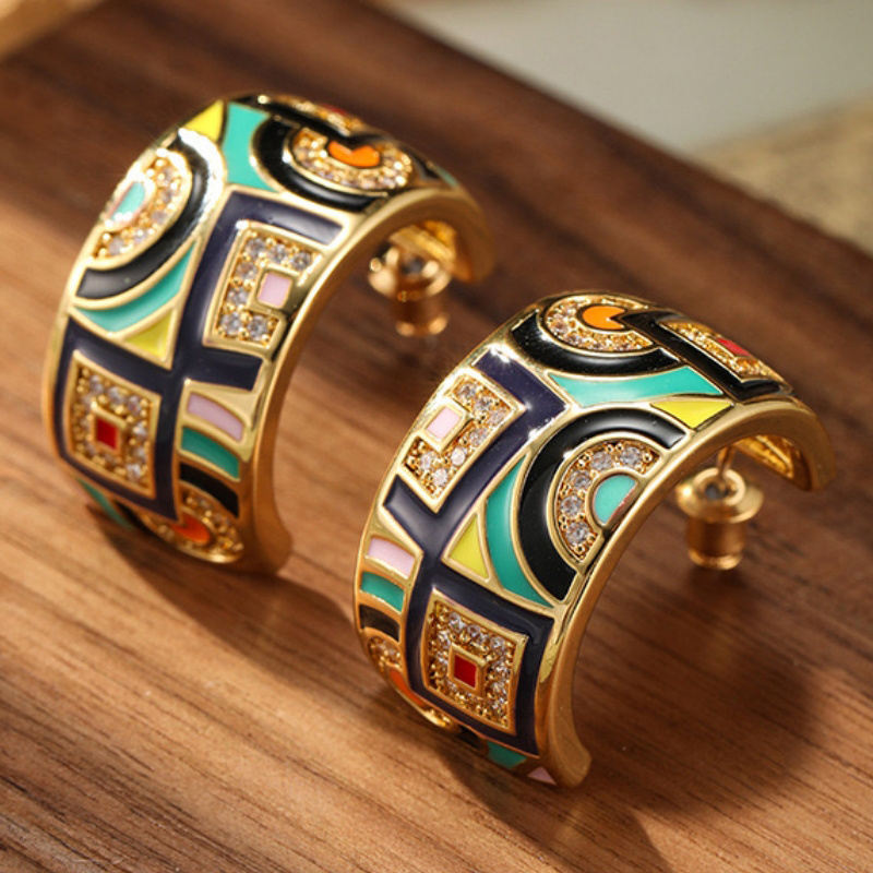 Image of Fashion Golden Zirconia Women's Hoop Earrings, Vintage Colorful Enamel Stud Earrings, Unique Earrings For Daily And Parties, Handmade Jewelry