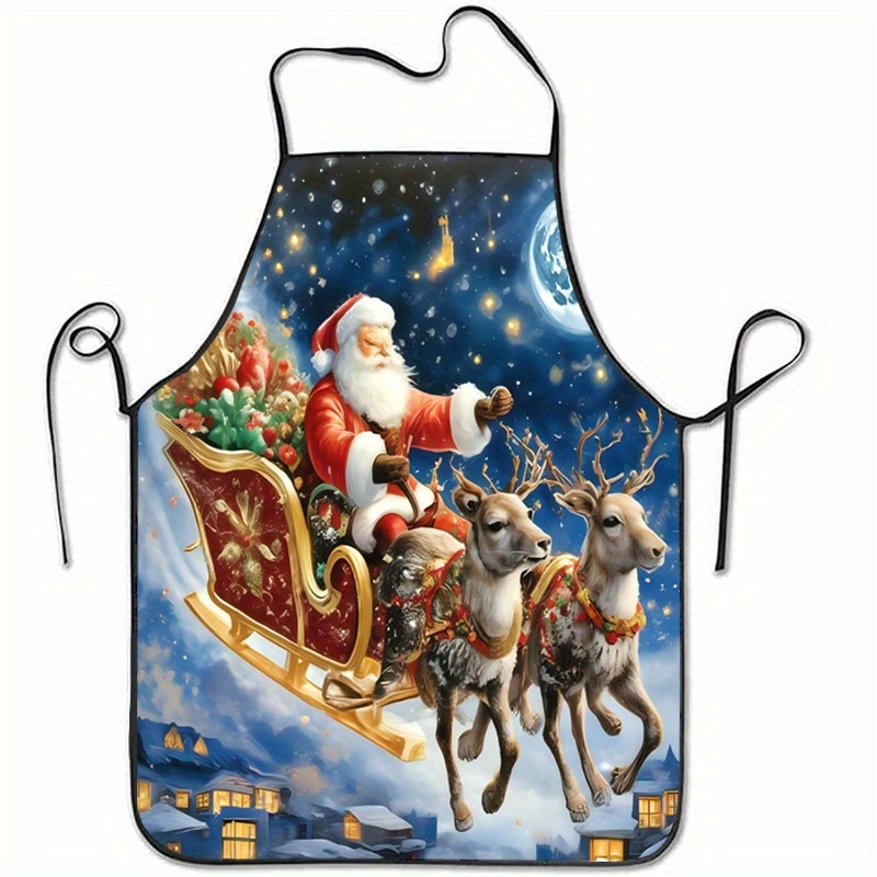 TEMU 1pc Christmas Theme Apron, Santa Reindeer Pattern, Festive Cooking Partner, Family Gathering Party Baking Atmosphere Tool