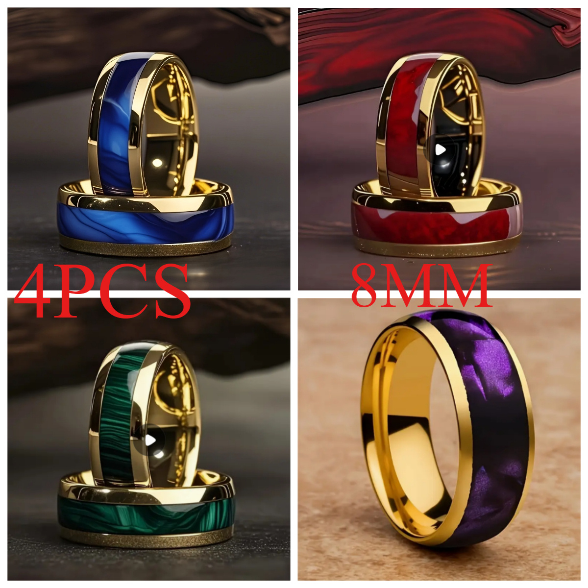 TEMU 4pcs Elegant 8mm 18k Golden Plated-plated Stainless Steel Ring With Blue Marble - Suitable For Weddings, Engagements, Anniversaries And Gifts,