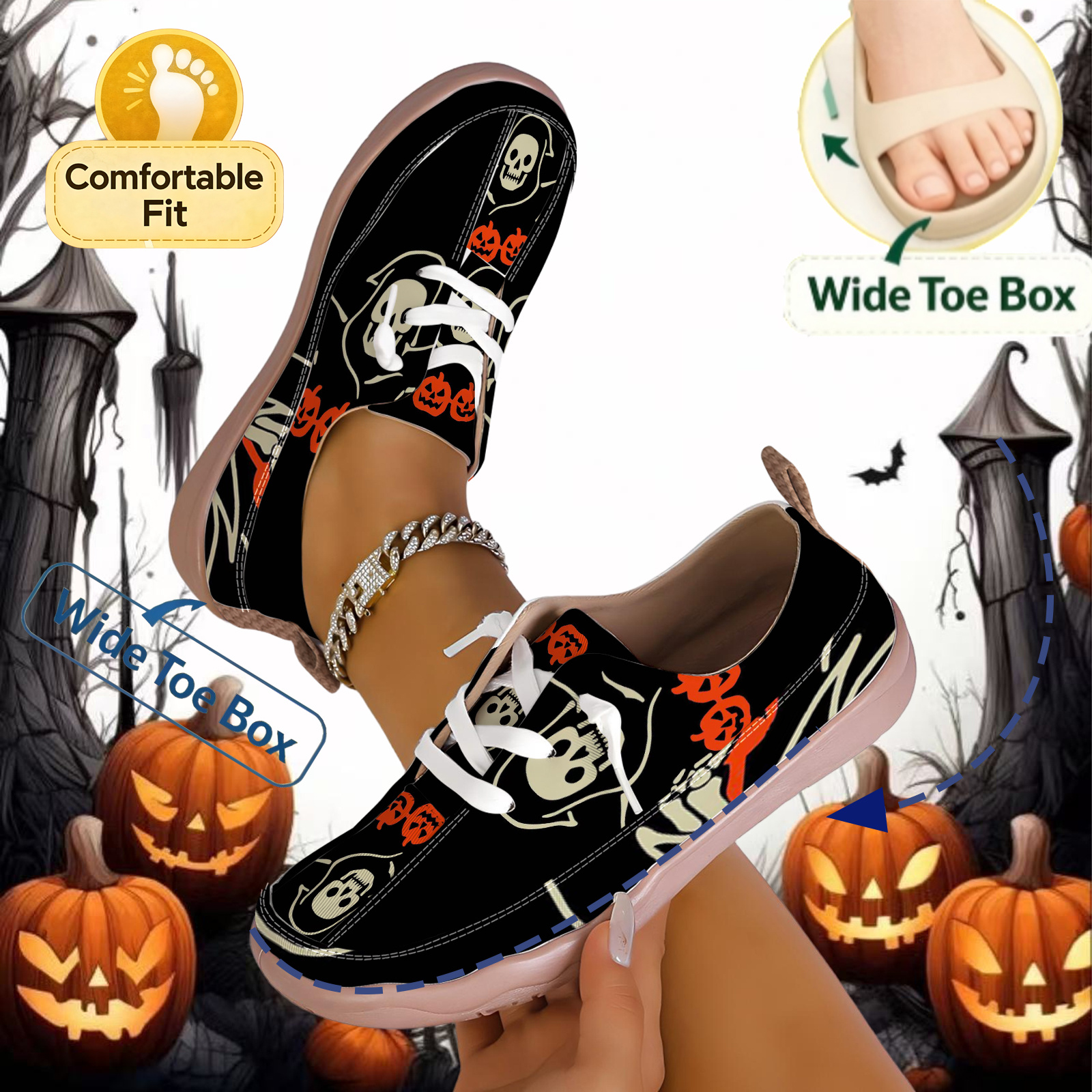 item picture     skull halloween theme womens casual shoes retro skull pumpkin pattern with soft material wide toe shape fits     types secure lacing and fit casual and versatile ideal for shopping   women shoes