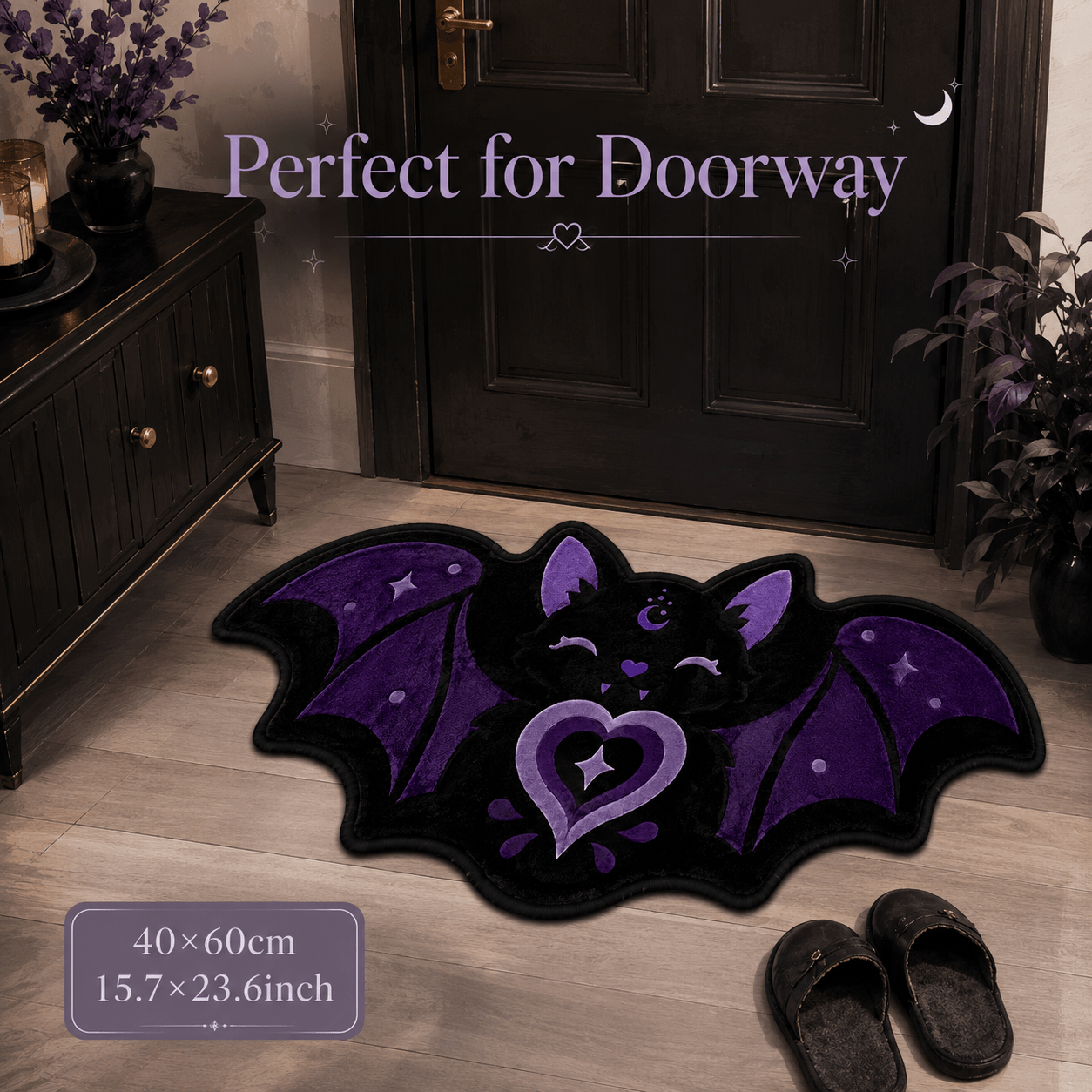 TEMU 1 tapis de porte en velours 850G/M2, violet et noir, , cœur, chauve-souris, , en peluche, style gothique , dessin , antidérapant, absorbant,