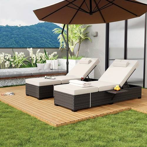 outdoor lounge chair set of 2 wicker rattan patio furniture with adjustable backrest and foldable tray