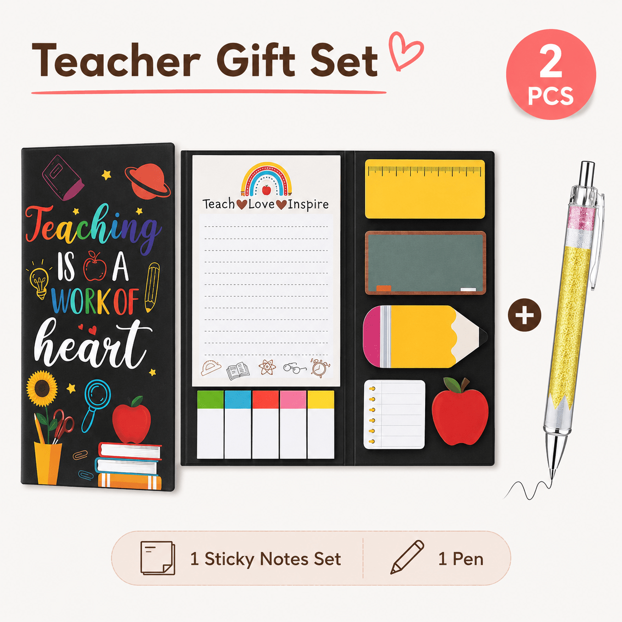 TEMU 2pcs Teacher Gift Set, Sticky Note Set With Pencil Pen, Back To School Teacher Supplies, Cute Classroom Memo Pads, Decorative Sticky Notes And