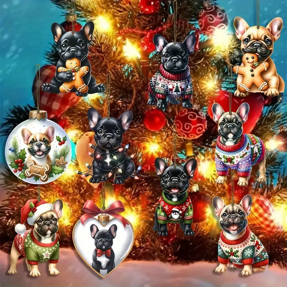 10pcs Festive French Bulldog Christmas Ornaments - Handcrafted Wooden Hanging Decorations with Santa Hats, Scarves & Holiday Outfits, Perfect for Holiday Tree & Home Decor, No Electricity Needed, Christmas Decorations