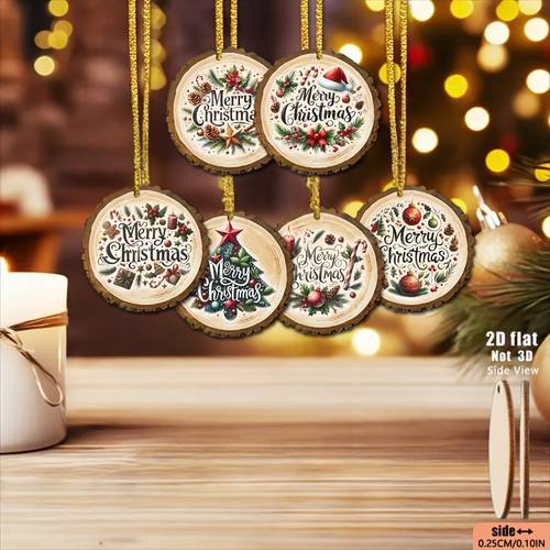 2d düz, 10 parça vintage yapay ahşap noel süs seti - noel çelengi, , çobanpüskülü ve kar taneleri ile yuvarlak asma dekor - noel ağacı, şömine, kapı için önceden delinmiş delikler - tutkal gerekmez, tatil partileri için gerekli, 2d düz, noel süsleri, noel bardak altlıkları, noel ağacı