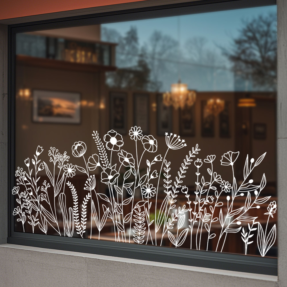 E-shop Frühlings-Fensterfolie mit weißem Wildblumenrand, minimalistischer floraler botanischer Strichzeichnungs-Aufkleber, wiederverwendbar für