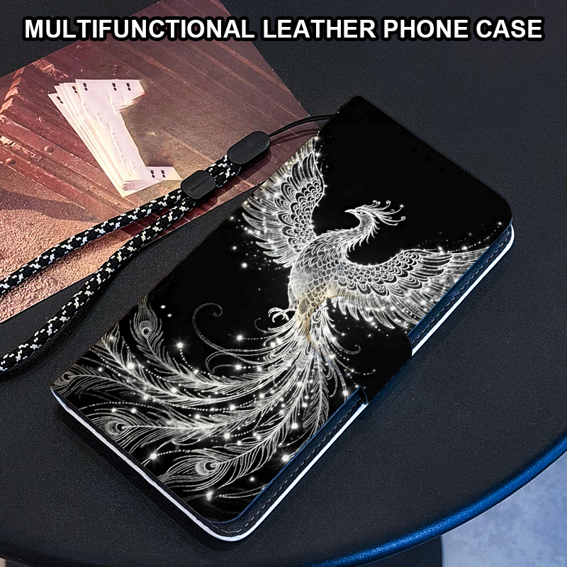 TEMU Phone Case: White Magpie Dark Pattern Wallet Phone Case With Magnetic Flip Cover, Card Slots, Lanyard, And Foldable Stand, Compatible With Oppo