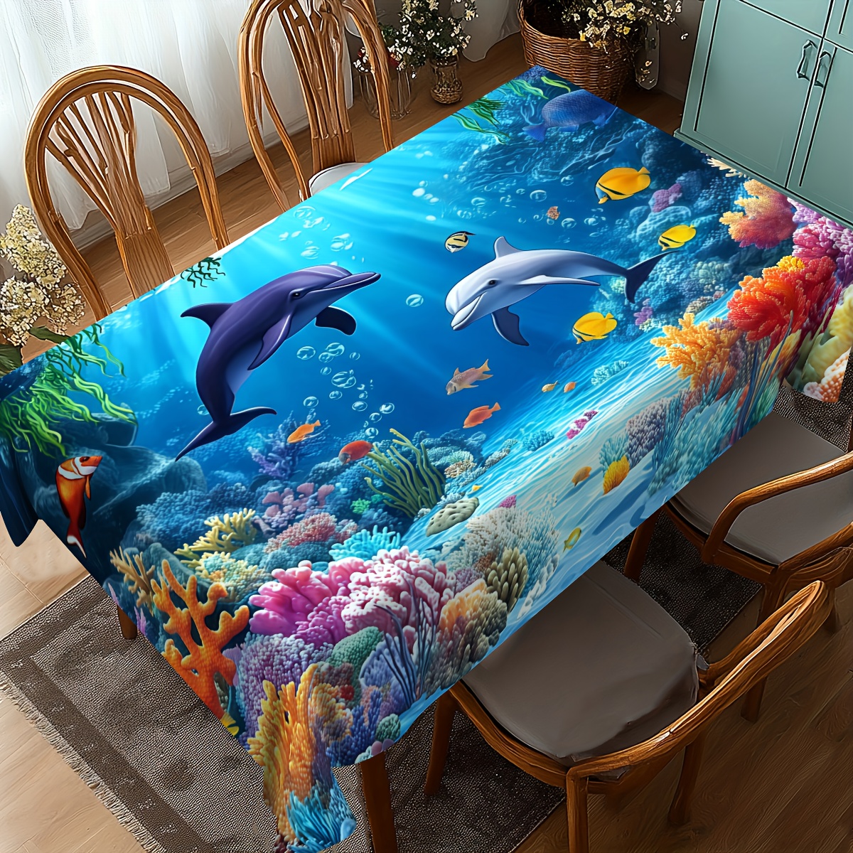 TEMU 2d Flat 1pc, Ocean Dolphin Coral Seagrass Pattern Tablecloth, In Round And Rectangular Shapes, Ideal For Home Decor, Spring And Summer Party