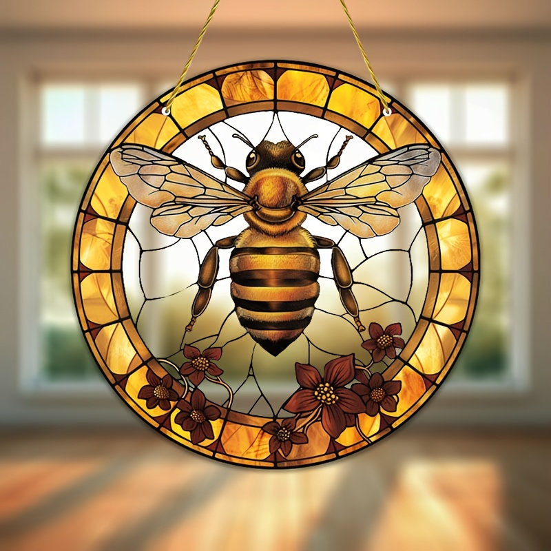 

1pièce 2D Abeille et Fleur Soleil - Décoration en Verre Coloré pour Utilisation Intérieure/Extérieure, Adaptée pour , , Chambres, Bureaux - Cadeau Printemps Parfait