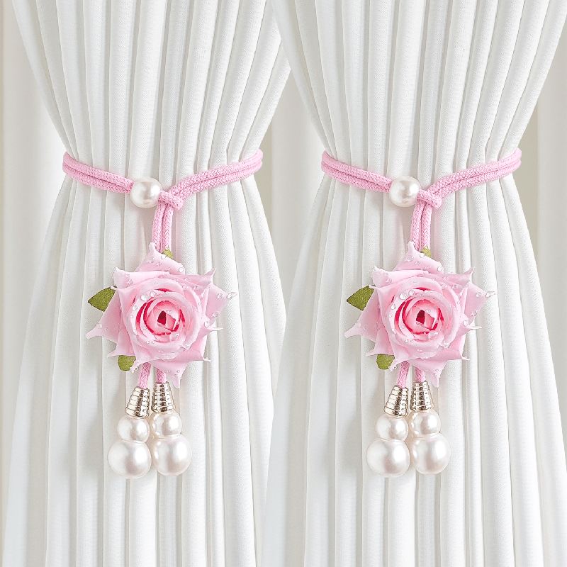 TEMU 2pcs Simulated Rose Luxury Curtain Tiebacks With Pearl Pendants, Curtain Tiebacks, Curtain Decoration Accessories