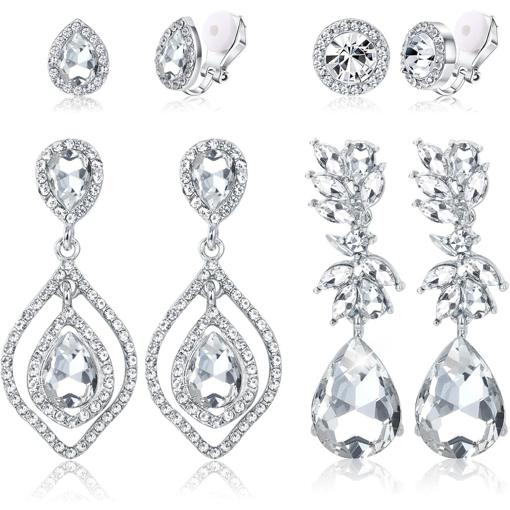 4 Pairs Silvery Clip On Earrings Elegant Rhinestone Clip On Earrings Dangle Drop Brides Bridesmaids Earrings Set