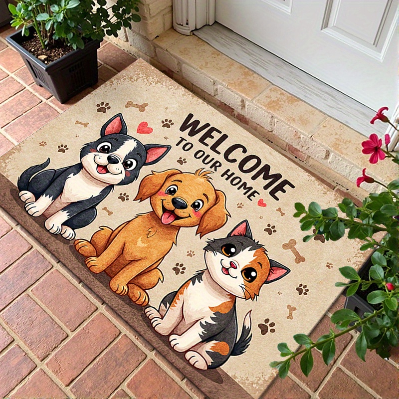 TEMU 1pc Non-slip Machine Washable Welcome Mat | Cute Cartoon Design With And Hearts, Durable Polyester Indoor/outdoor Entrance Mat For , Easy To