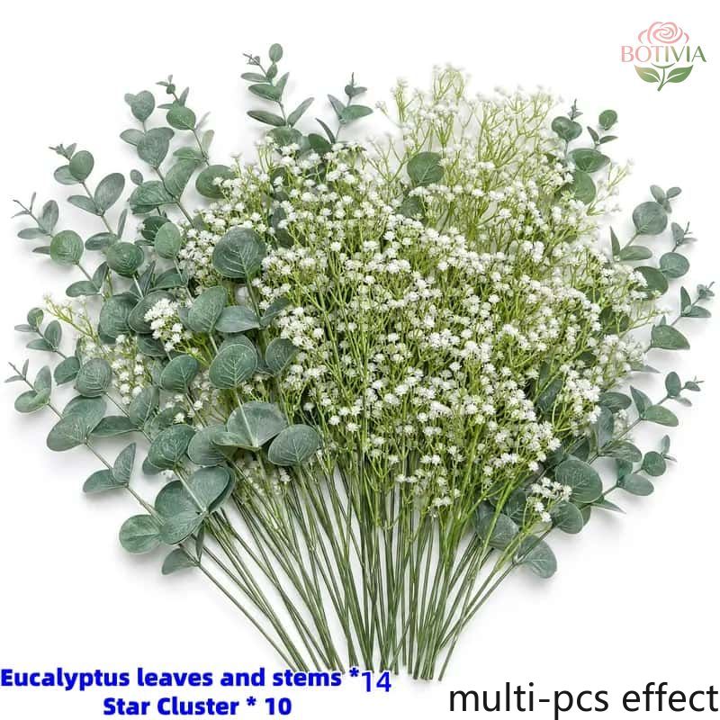 TEMU Ensemble de bouquet de 24 fleurs artificielles, branches d'eucalyptus argentées- et tiges de fausses fleurs 'S Breath, tiges de décoration de