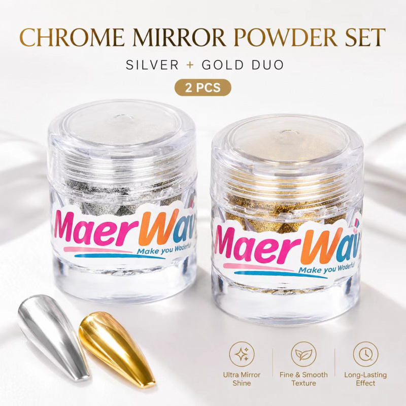 Aurora Holographic Mirror Nail Powder Set, Golden Silvery Chrome Nail Art, Metallic Shiny Glitter Powder For Gel Polish, Manicure , Sponge Applicators Included, Nail Decoration Gift For Women