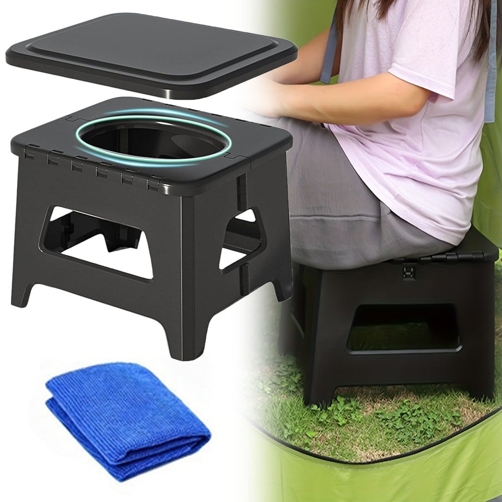 TEMU Outdoor Camping Toilet Comes With Clean Cloth, An Adult Portable Toilet, A Foldable Portable Toilet With Lid, And An Outdoor Chair. Suitable For