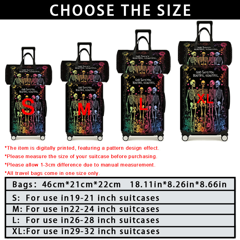 Colorful Skeleton & Flower Suitcase Set, Travel Bag & Luggage Protector