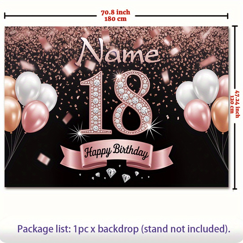 Image of 1pc 18th Birthday Balloons & Diamonds Backdrop Suitable For 18th Birthday Party Decorations, Custom Rose Golden Balloons & Number 18, Wall Decor For Sweet 16 To , Indoor/outdoor Polyester Banner