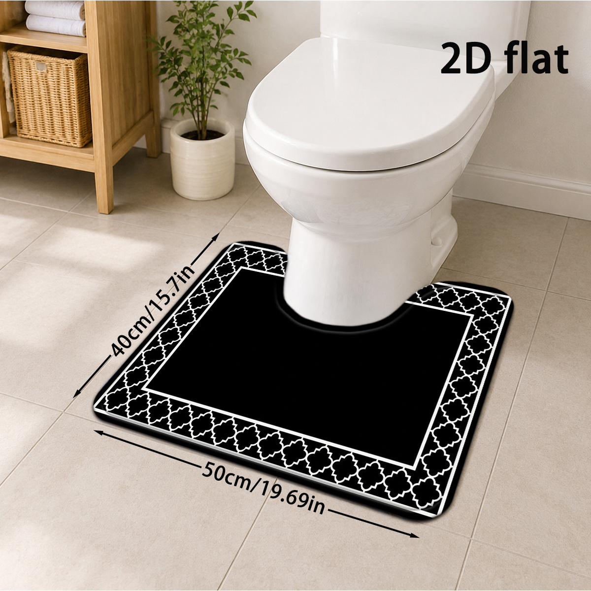 TEMU 2d Flat, 2d Flat 1pc Black And White Moroccan Geometric Border Bathroom Mat, Modern Minimalist Nordic -shaped Toilet Mat, Soft Thickened