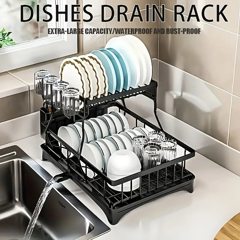 double dish rack for double countertops is here it has a unique 360 drainage function tableware can dry quickly the drain tray with the cutlery rack and 4 cup holders is above the sink or a cup it can Product details 6