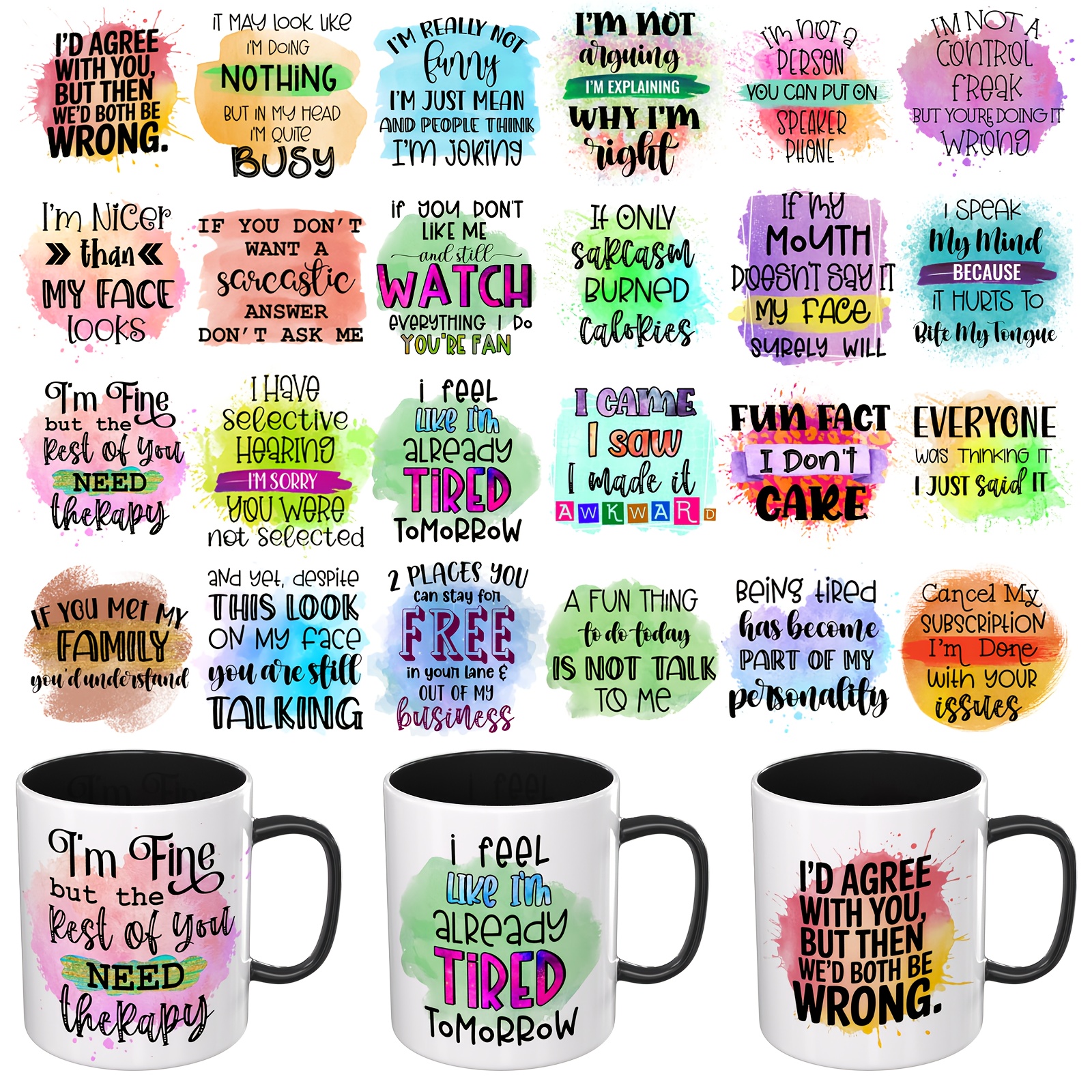 TEMU [uv Dtf Wraps] 24pcs Uv Dtf Cup Wraps| Sarcastic Quotes, High Uv Dtf Transfer For Mugs, Glasses, Notebooks, Computers, Tables And Chairs, Etc.-