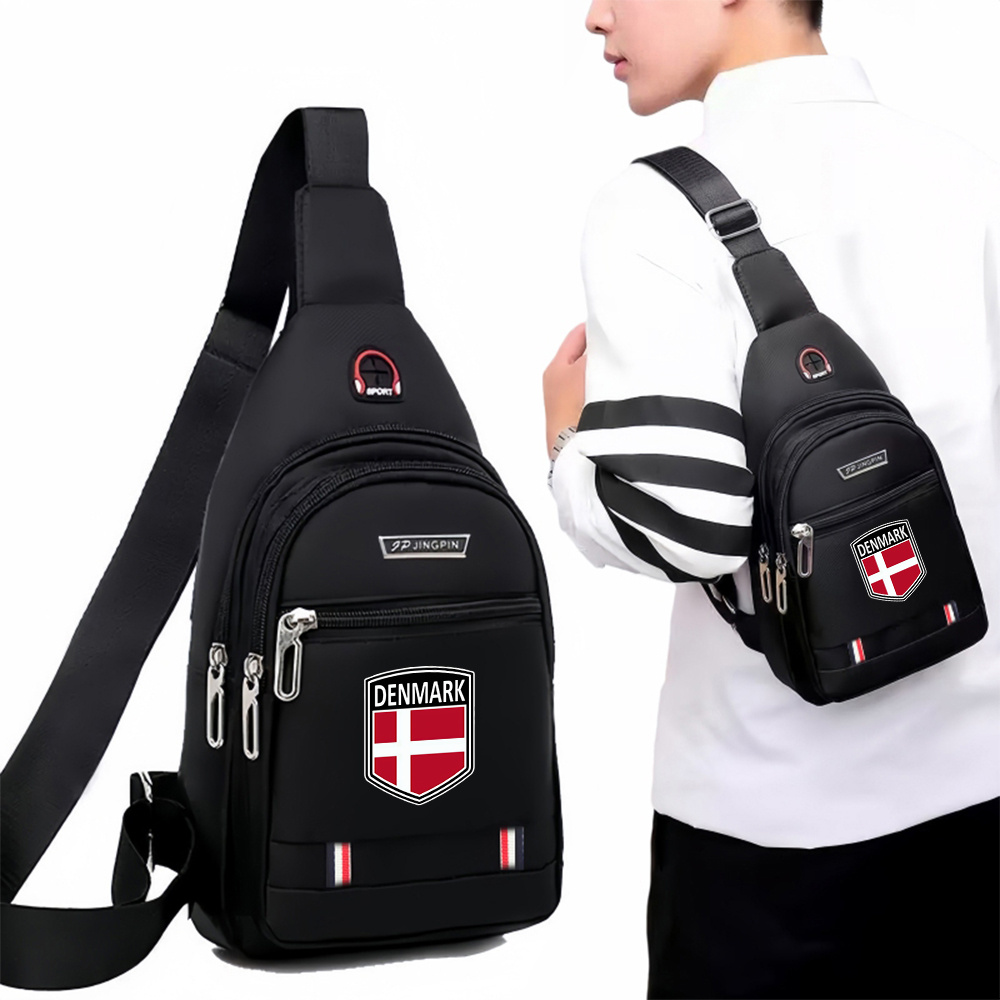 TEMU Men's Chest Bag Featuring A Denmark Shield Emblem - Adjustable Strap, Spacious Crossbody Pack With Zipper Closure, Black Sports And Travel Bag