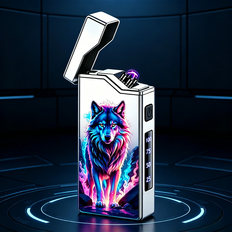 TEMU Beygo Usb-c Rechargeable Electronic Lighter With Wolf Display & Wolf Print - Usb- Double Arc Ignition Suitable For Outdoor Survival, Travel,