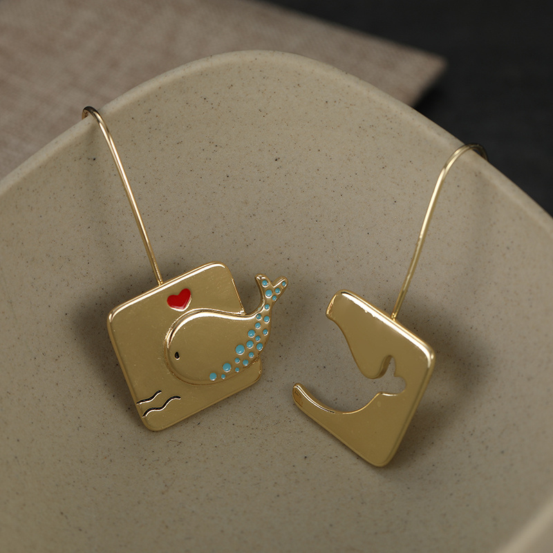 Women's Whale Pattern Carved Square Pendant Earrings