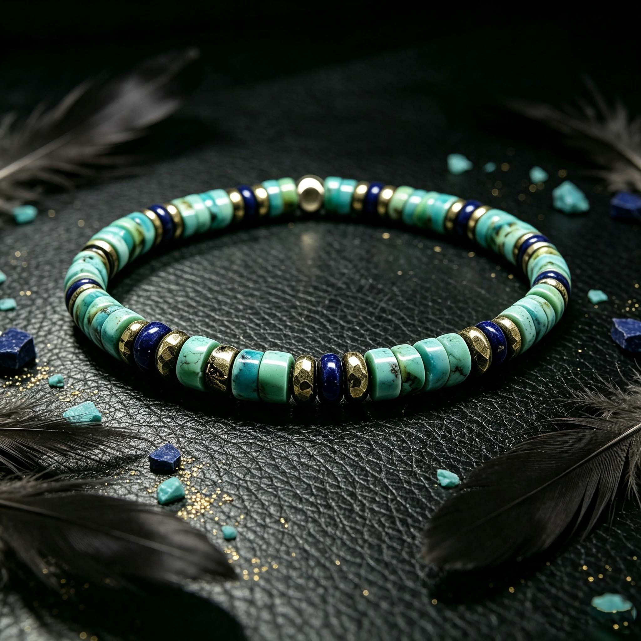 Natural Turquoise, Lapis Lazuli & Pyrite Flat Bead Elastic Bracelet