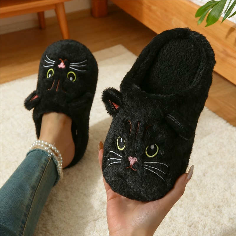 TEMU Cute 3d Ear Embroidered Cat Plush Slippers, Solid Color Warm Lined House Shoes, Fabric Flat Sole, Cozy Indoor Outdoor Couple Slippers, Women