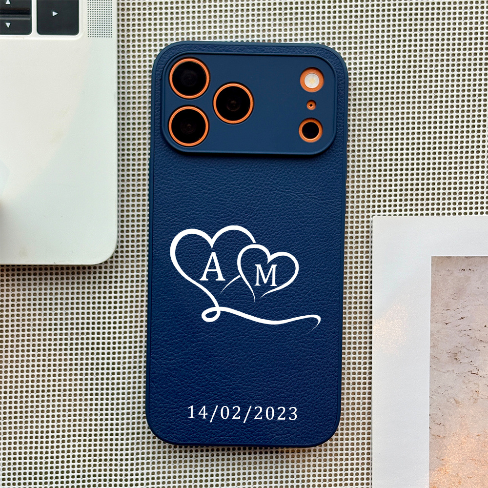 TEMU Phone Case - Custom Lychee Texture Faux Leather Phone Case, With Heart Romantic Commemorative Design, Customizable With Name Initials And