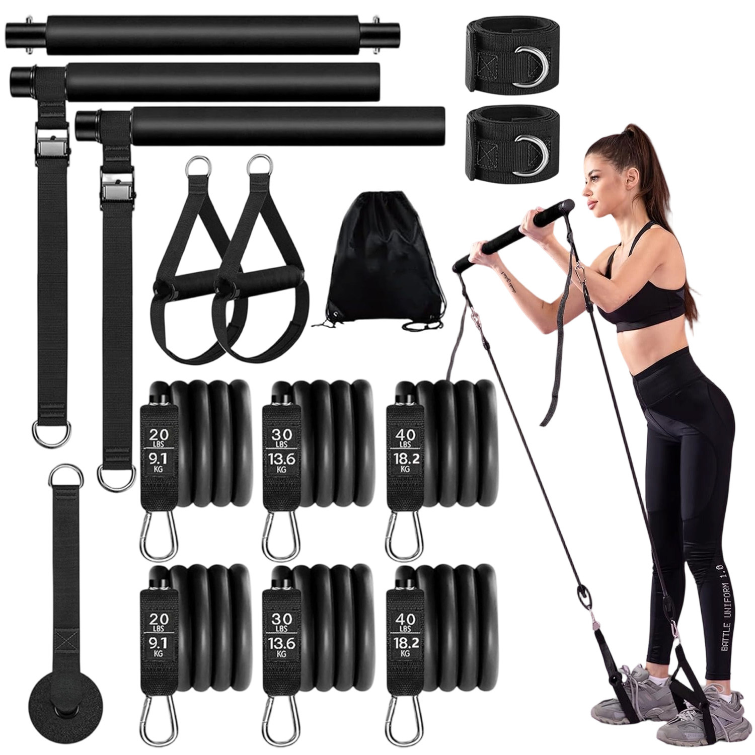 Image of Heavy Duty Exercise Bands With Bar, Door Anchor Strap Full Body Workout Set For Home Gym, Portable Resistance Bands For Abs Legs Men Women
