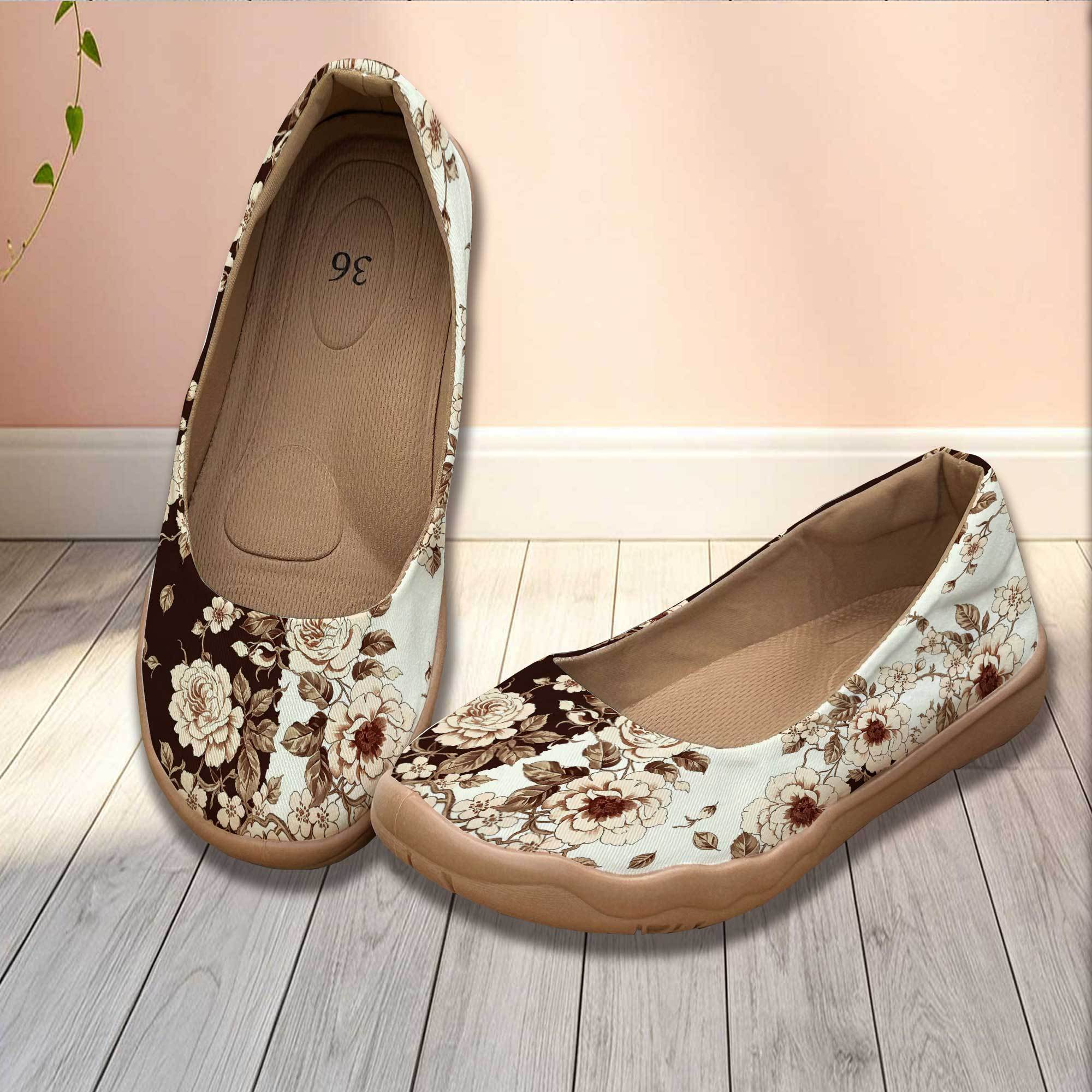 TEMU Women's 2d Vintage Flat Shoes With Brown Floral Print, Wide Toe Box And . Features A Soft, Breathable Sole And A Toe Area That Pinch The Feet,
