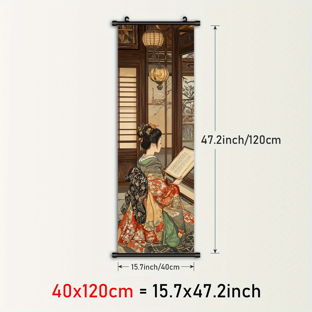 TEMU 1pc Traditional Japanese Kimono Wall Art - Framed Canvas Print With Reading Scrolls, Autumn Foliage Design, Plastic Frame & Hanger, Classic