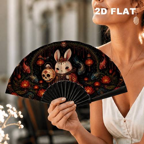 art print hand fan 1pc rabbit with skull lantern red for lotus koi pattern plastic surface ribs decorative fan for daily cooling themed party accessories