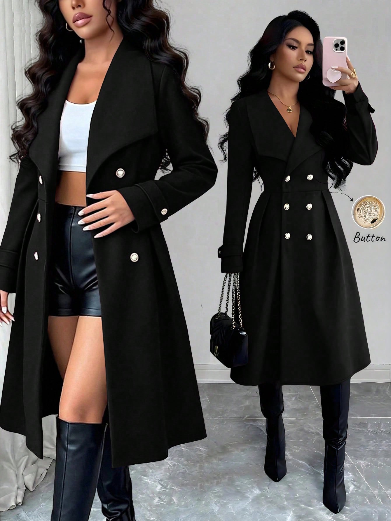 Black Double-Breasted Long Coat with Gold Buttons