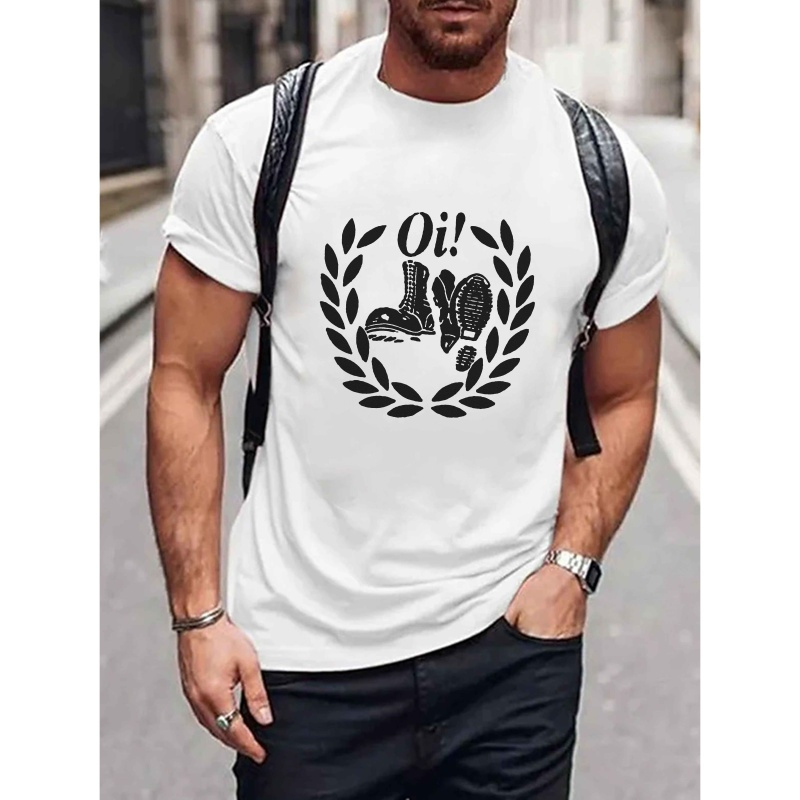 

Men's "oi!" Graphic Tee - Casual Black Polyester T-shirt With White & Olive Design, Short Sleeve Crew Neck - Summer