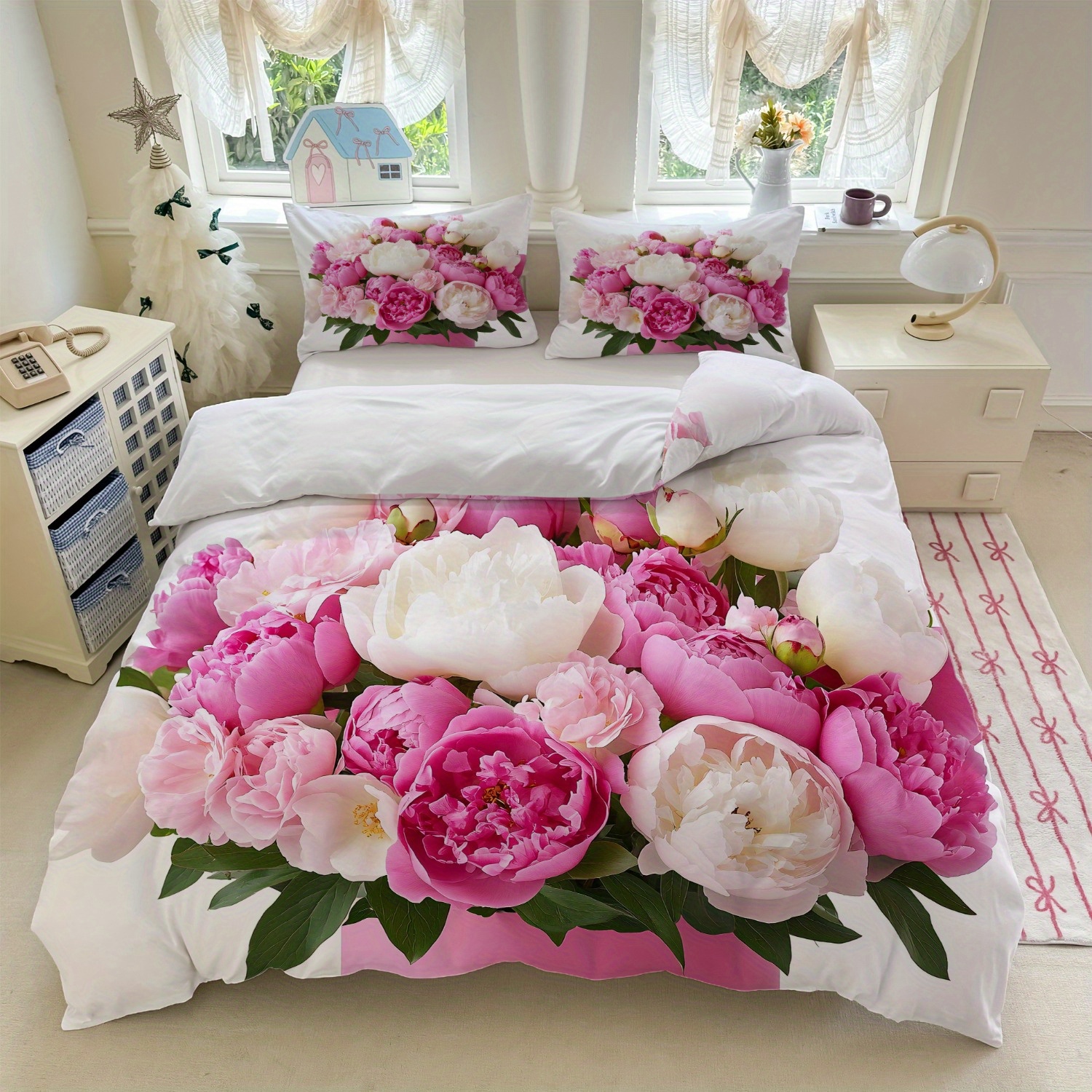 E-shop 3-teiliges Rosa Pfingstrosen-Bettwäsche-Set + Weißer Hintergrund (1 Bettbezug + 2 Kissenbezüge, Ohne Füllung) für Schlafzimmerdekoration