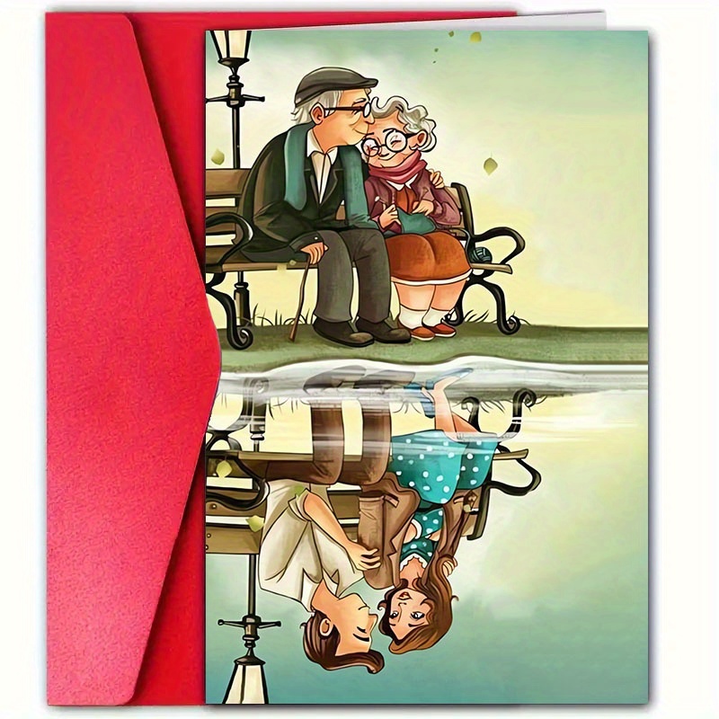 TEMU 1pc "grandparents' " Anniversary Greeting Card, Valentine's Day Card, High-quality Paper With Envelope - Warm Elderly Couple Reflection Design,