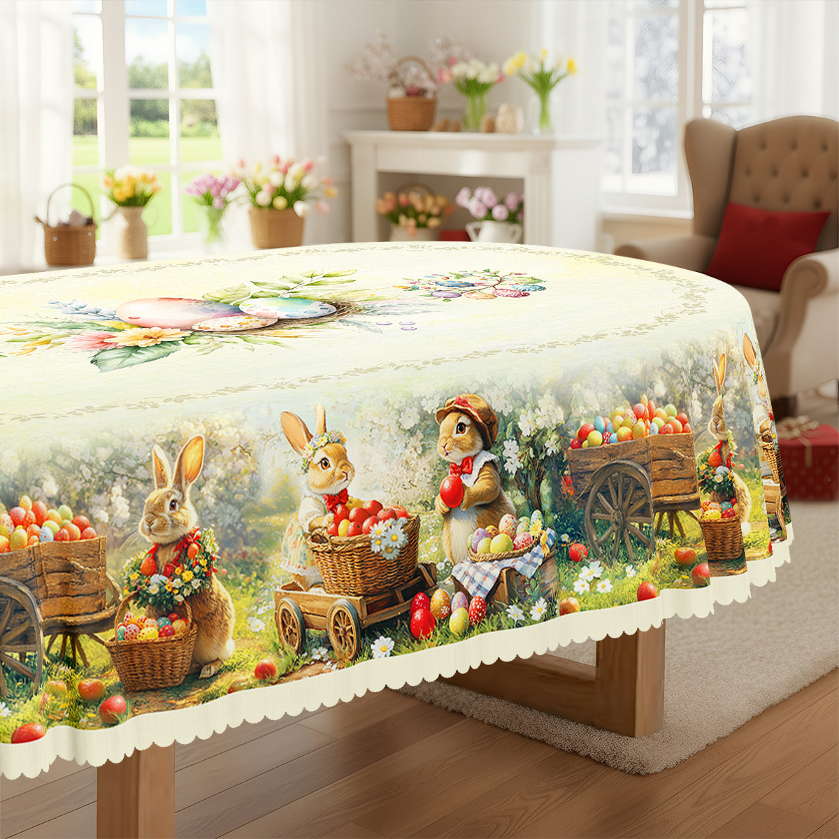 TEMU 1pc, Easter Themed Party Tablecloth, Spring Summer Rabbit Colored Eggs Daisy Printed Design, Rectangular/round/oval Table Cloth, Embossed Edges,