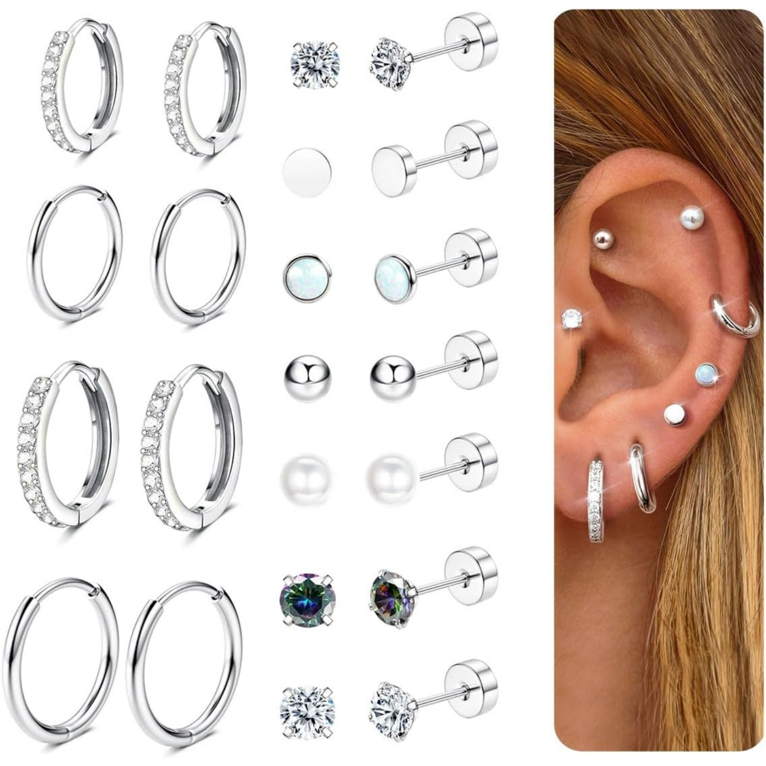 Image of 2d Flat, 11pairs Flat Back Earrings For Women Men Hypoallergenic Surgical Steel Earrings Hoop Stud Sleeper Earrings Flatback Cartilage Tragus Helix Piercing Earrings