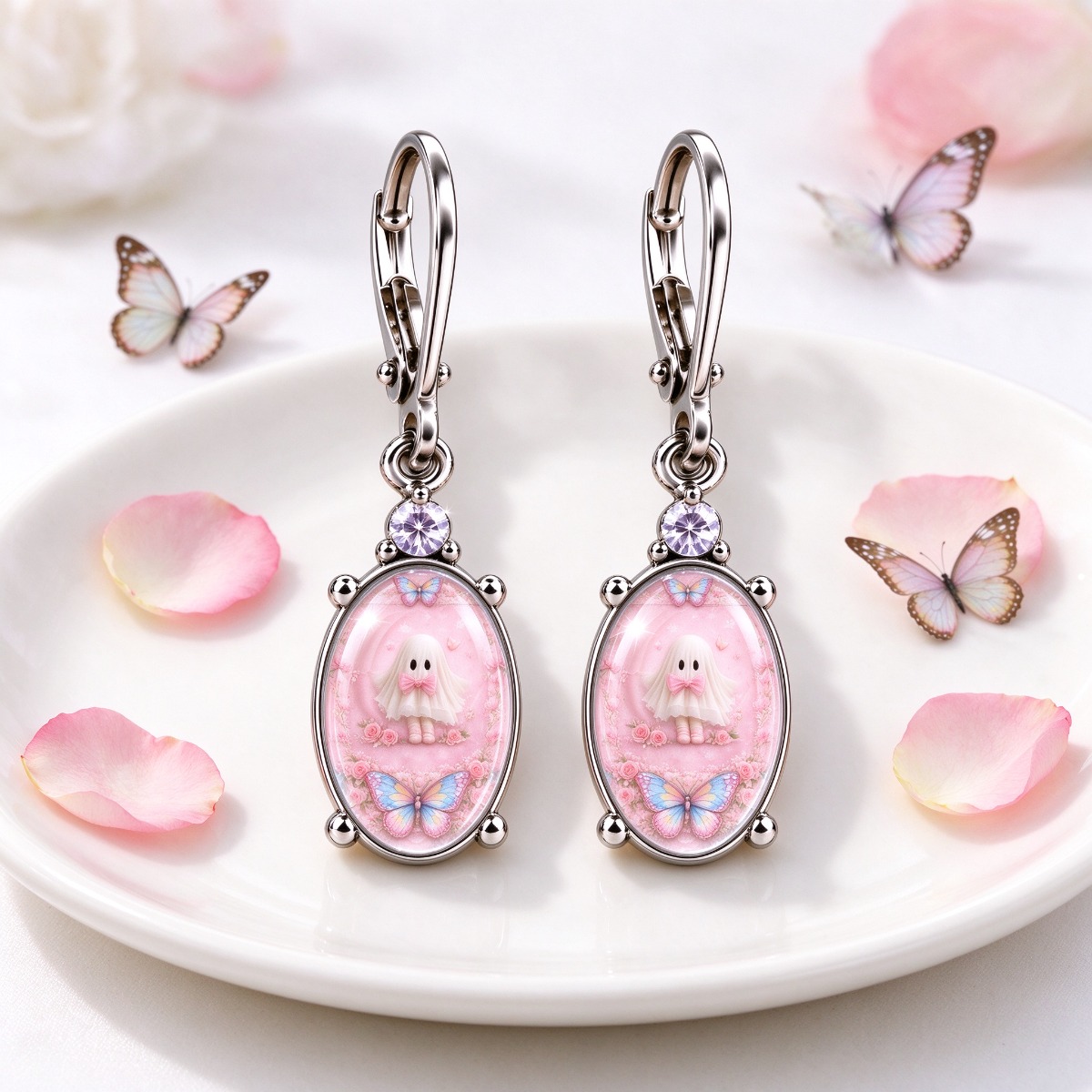 Women's Lovely Pink Patterned Butterfly Rose Bow Hanging Earrings
